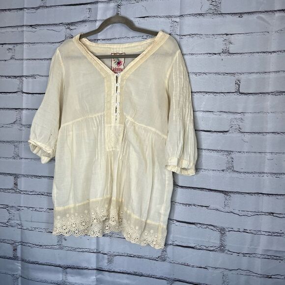 Johnny Was Cream Cuffed Sleeve Pleated Blouse SZ M Ribbed Luxury CottageCore Y2K - Picture 8 of 14
